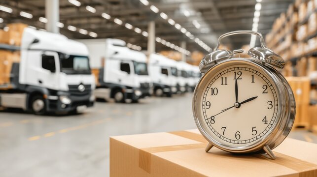 Logistics Time Management Concepts. A silver alarm clock sits atop a cardboard box in a warehouse, with trucks and stacked boxes visible in the background, illustrating a busy logistics environment.