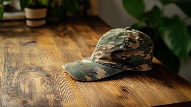 Camouflage baseball cap on rustic wooden table with indoor plants in background