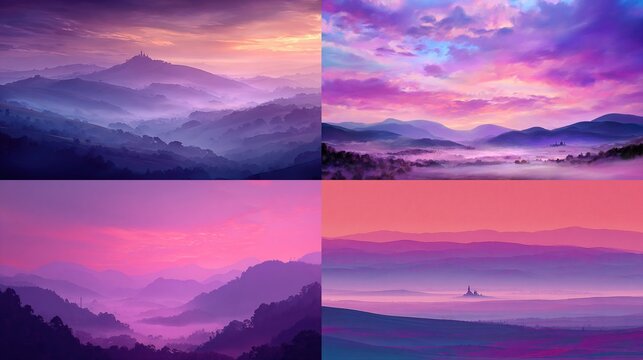 Quadruple scenic landscape artwork showcasing misty mountains and valleys under vibrant, pastel sunsets; showcasing a range of hues from deep purples to soft pinks and oranges