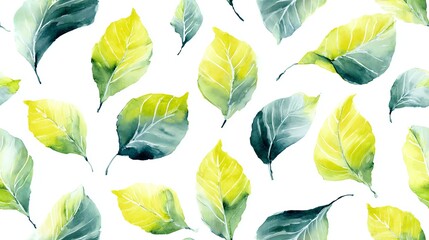 Seamless Vibrant watercolor leaves in green and yellow on a white background.