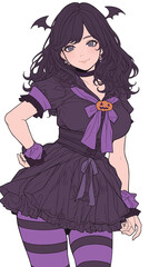 Fototapeta premium 秋の風が吹くHALLOWEENの夜、コスプレ姿で佇む女性のアニメキャラクターを描いた幻想的なイラスト