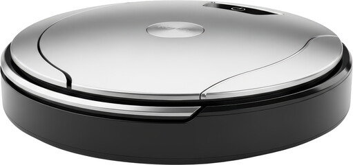 Round robotic vacuum cleaner with brushed metal top and black base isolated on black transparent background