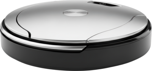 Round robotic vacuum cleaner with brushed metal top and black base isolated on black transparent background