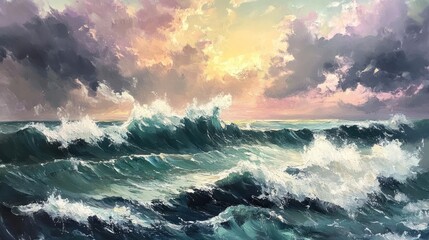 Fototapeta premium Dramatic ocean waves crashing at sunset.