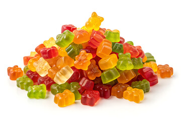 A colorful pile of gummy bears in various colors and shapes on a white background close up shot