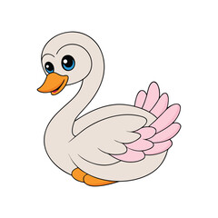 Cartoon swan with blue eyes and pink tail feathers