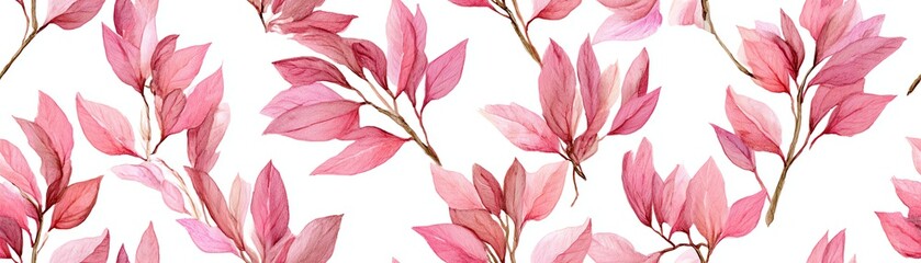 Seamless Pink leaves pattern on white background, ideal for various design projects.