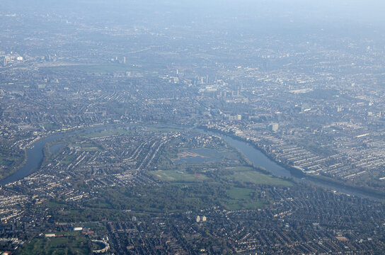 Aerial view of Barnes and the River Thames, West London