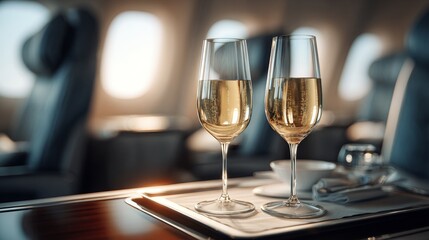 Two Wine Glasses with Champagne in an Airplane Cabin
