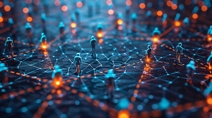 Connected figures on digital network, global communication background