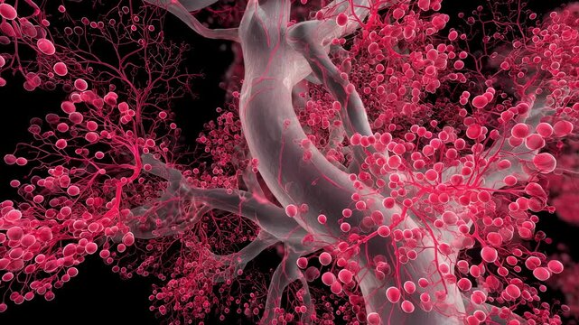 Crosssectional animation of the aortic tree with pulsating red highlights visualizing immune system attack in Takayasu arteritis.