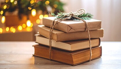 A stack of books wrapped in brown paper sits on a wooden table with a Christmas tree in the background