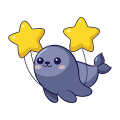 Cute gray seal with yellow star balloons animal cartoon