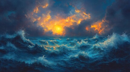Obraz premium Dramatic sunset over a stormy ocean.