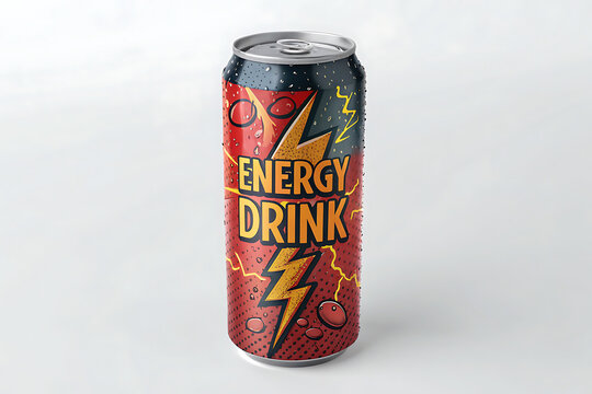 A single can of energy drink with water droplets on the surface against a plain white background studio shot