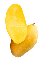 Single ripe yellow mango fruit and a half with water droplets in stack isolated on white background with clipping path