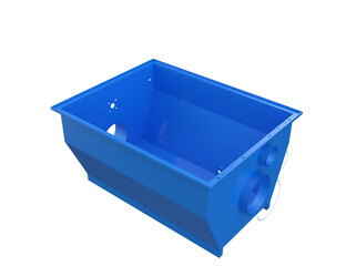 A 3D render of a blue basin component for a rotary drum filter, featuring an inlet and outlet. This high-resolution industrial part is isolated on a PNG Transparent HD Background, ideal for technical