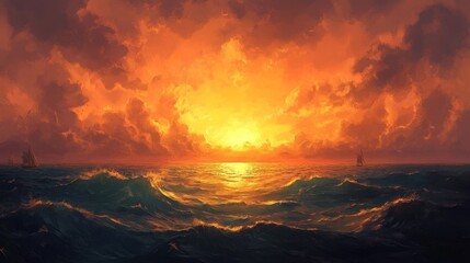Dramatic sunset over turbulent ocean with sailing ships.