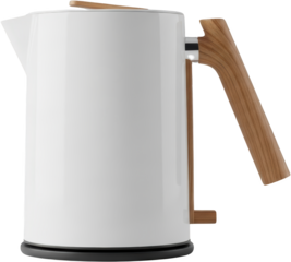Sleek white electric kettle with a natural wood handle and lid accent clean design transparent background