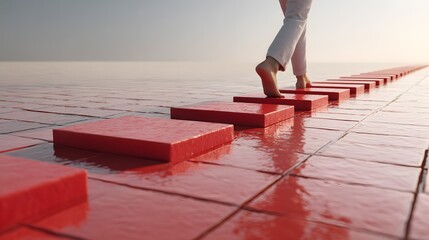 Barefoot person walks on red stepping stones across water commercial walking