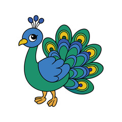 Cartoon peacock with blue green and yellow feathers