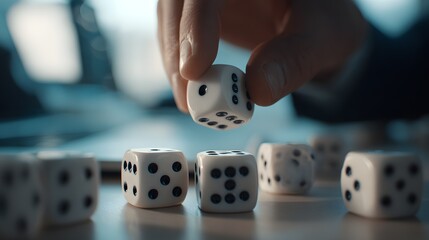 Hand holding a white die six scattered dice on a light colored surface