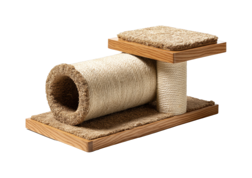 Playful cat scratching post and lounge home interior furniture cozy environment view isolated on transparent background, png