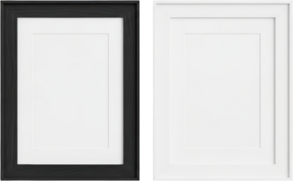 Two empty picture frames one with a black wood grain border the other with a white border transparent background