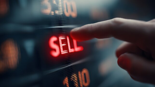Finger presses bright red 'SELL' button on digital stock market display