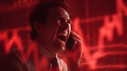 Man screaming on phone with red stock market crash graph commercial angry