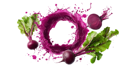 Two halves of a fresh beet with red juice splash isolated on white background