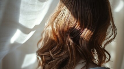 Beautiful model girl with Brown hair strand,silky healthy chestnut wavy hair strand,hair wavy ribbon, with smooth,Keratin straightening,Treatment,straight long hair,procedures,Smooth hairstyle.