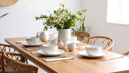 Dining table setting with spring flowers