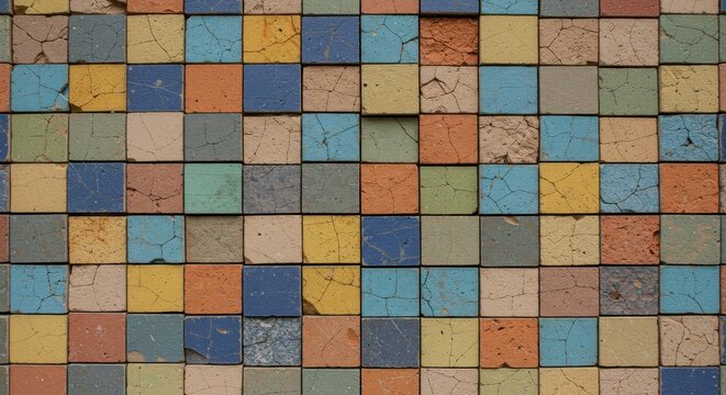 Distressed wall of multicolored square tiles with a cracked texture