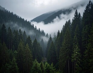 Misty mountain valley shrouded in fog, dense evergreen forest