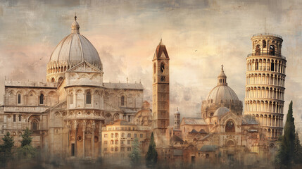 Obraz premium Illustration. A collage of famous Italian pilgrimage sites: St. Peter's Basilica, the Colosseum, the Leaning Tower of Pisa, the Basilica of St. Francis of Assisi, and the Duomo of Milan. I love Italy