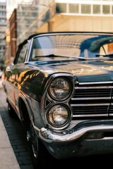 Fototapeta premium A vintage car with chrome front and round headlights is parked on an urban street. The vehicle's dark paint reflects nearby modern buildings, showcasing a juxtaposition of classic design.