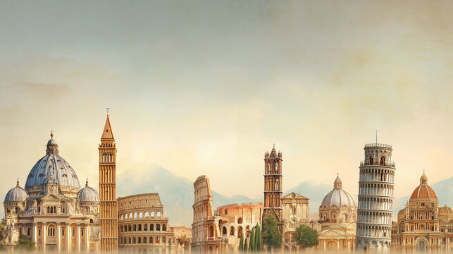 Illustration. A collage of famous Italian pilgrimage sites: St. Peter's Basilica, the Colosseum, the Leaning Tower of Pisa, the Basilica of St. Francis of Assisi, and the Duomo of Milan. I love Italy