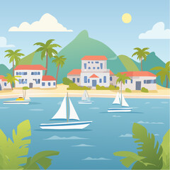 Obraz premium Tropical Island cityscape with caribbean small town, palms, green trees, yachts and blue sea