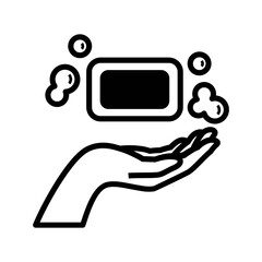 black and white vector illustration or icon of a hand holding a soap bar with bubbles to symbolize hand wash isolated on transparent background