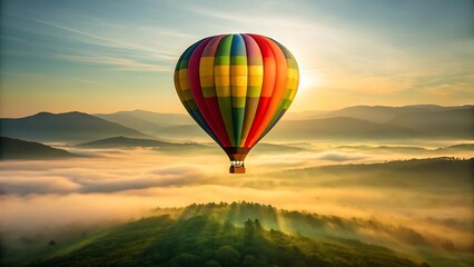 Naklejka premium Colorful Hot Air Balloon Floating Over Misty Mountains at Sunrise A Majestic Adventure Experience with Golden Light
