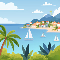 Obraz premium Tropical Island cityscape with caribbean small town, palms, green trees, yachts and blue sea