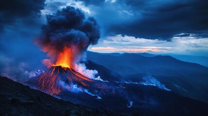 Volcanic Eruption at Dusk: Fiery Majesty Against a Twilight Sky