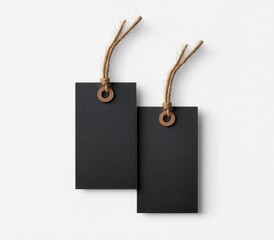 Two blank black price tags, tied with light brown string, with small brown rings