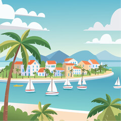 Obraz premium Tropical Island cityscape with caribbean small town, palms, green trees, yachts and blue sea