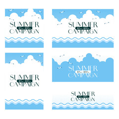 雲・波・カモメをあしらった夏のキャンペーン用バナーセット（ドット調）
