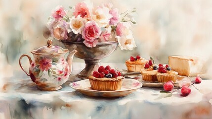 Fototapeta premium Watercolor illustration of British afternoon tea,tea break in the English style,tea set with Afternoon tea stand with macaroons and scone,cake,cup of tea,Tea time dessert table,vintage style.