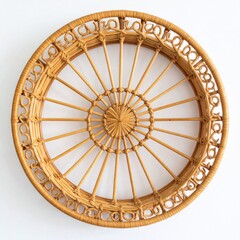 Obraz premium Round Wicker Basket with Intricate Woven Design on White Background