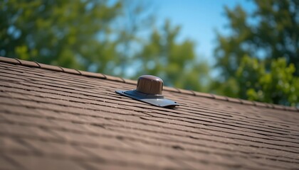 Close-up view of a brown roof vent on a brown asphalt shingle roof against a blurred background of lush green trees and a bright blue sky.
