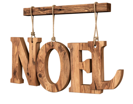  - Vintage Wooden Noel Sign with Rustic Texture and Hanging Twine, Angled View, isolated transparent background png - Powered by Adobe